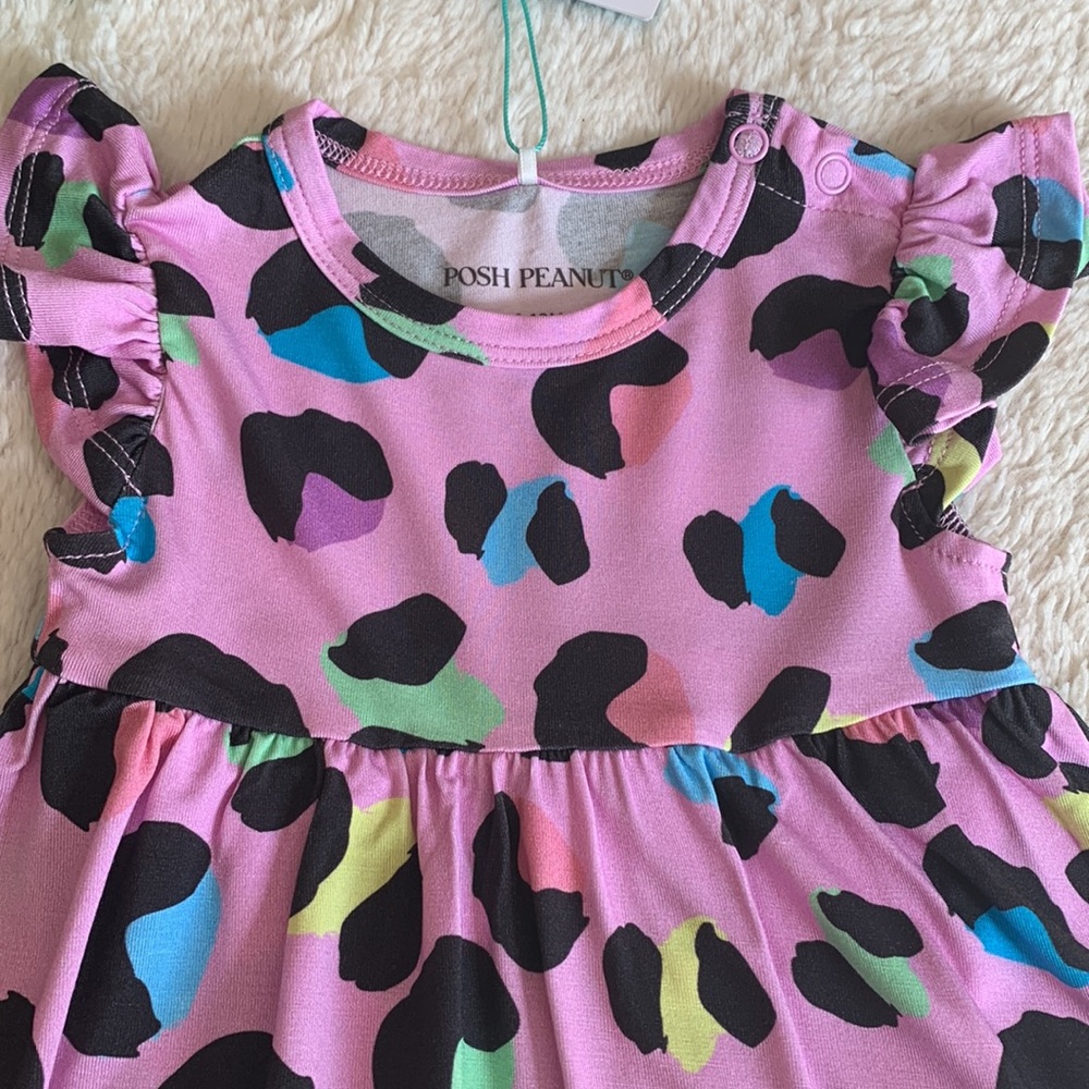 NWT Posh Peanut Electric Leopard Ruffle Bodysuit Dress 6-12M Purple - Picture 5 of 8